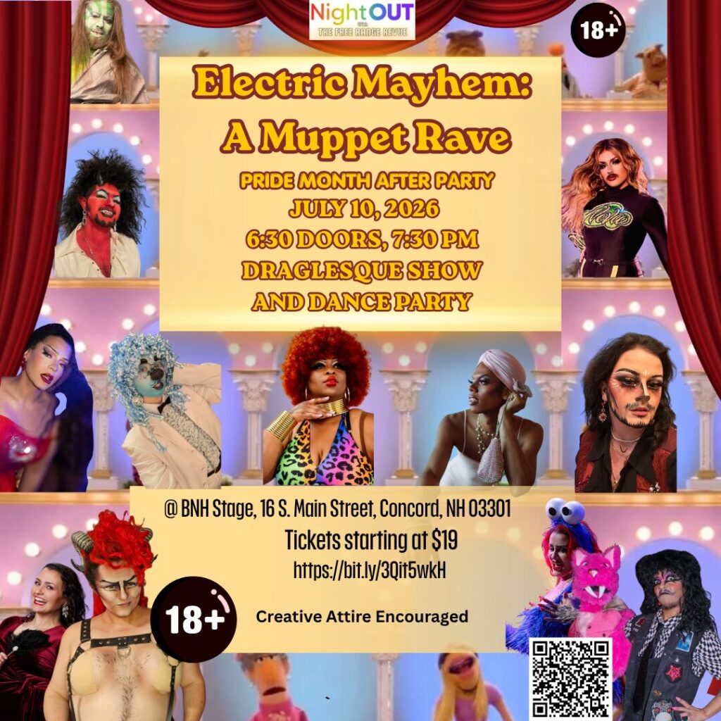 A muppet style poster featuring the cast of Electric Mayhem: A Muppet Rave happening on July 19, 2026 at BNH Stage in Concord, NH.